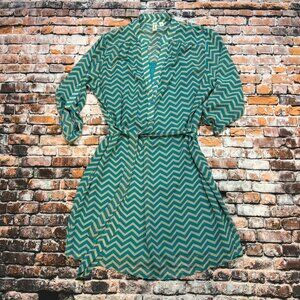 Tacera Semi Sheer Lined Chevron Midi Dress - 3/4 Sleeve with Tie Waist Sz Large